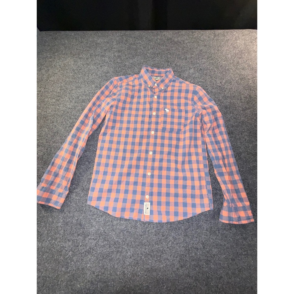 Abercrombie Kids Gingham Button Down Shirt Orange Blue Size 13/14 Moose Logo